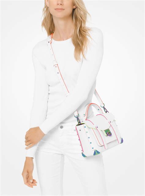 michael kors manhattan medium contrast-trim leather satchel white|Michael Kors Manhattan Medium Contrast.